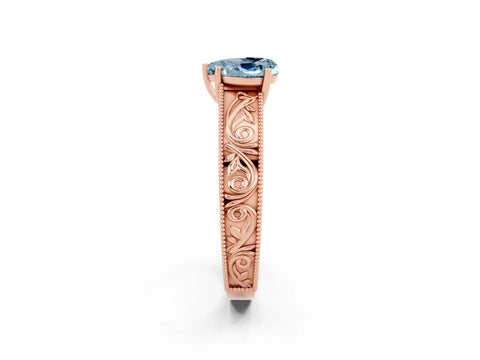 Rose gold Heart Cut Aquamarine Solitaire Ring with Engraved Band and Four-Prong Setting_2