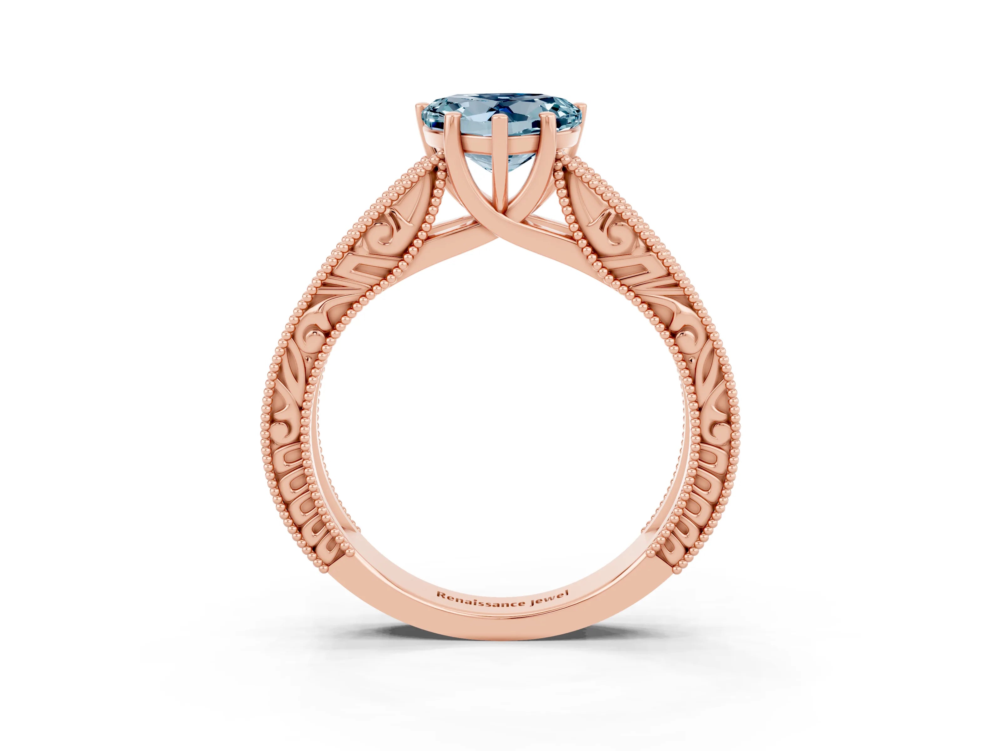 Rose gold Heart Cut Aquamarine Solitaire Ring with Engraved Band and Four-Prong Setting_3