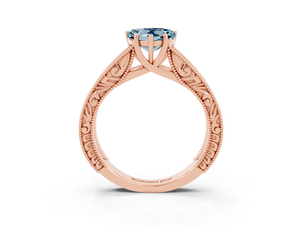 Rose gold Heart Cut Aquamarine Solitaire Ring with Engraved Band and Four-Prong Setting