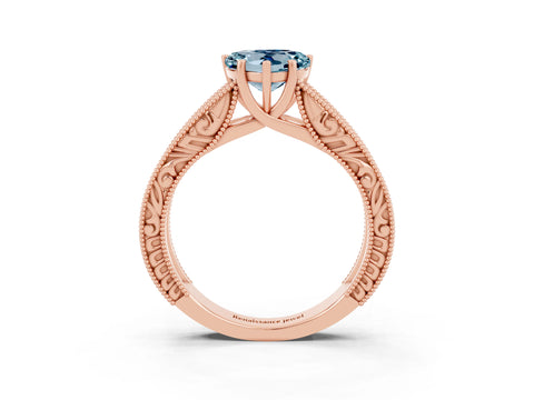 Rose gold Heart Cut Aquamarine Solitaire Ring with Engraved Band and Four-Prong Setting_3