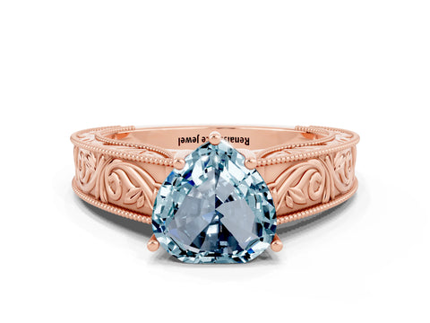 Rose gold Heart Cut Aquamarine Solitaire Ring with Engraved Band and Four-Prong Setting