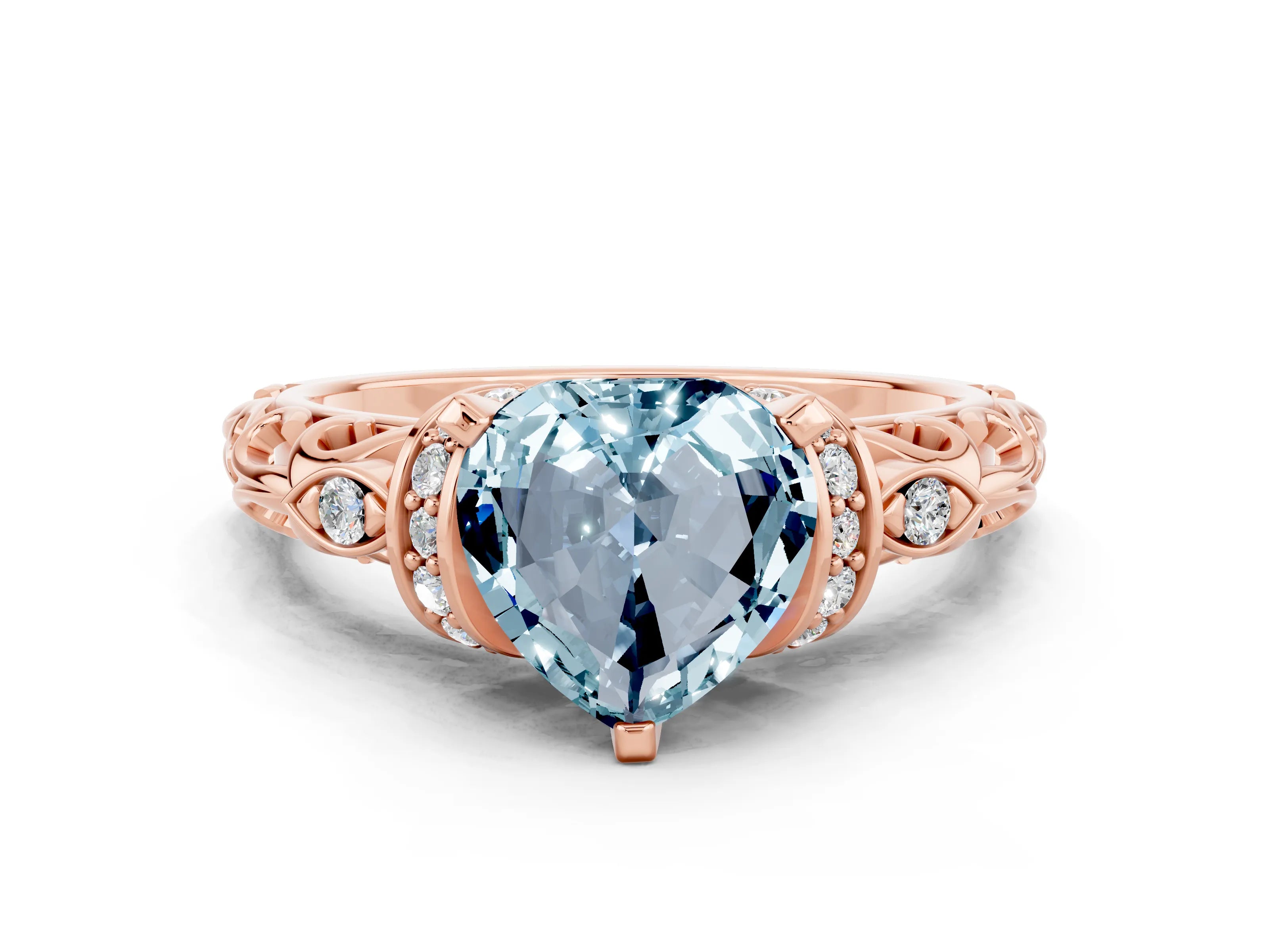 Rose gold Heart Cut Aquamarine Solitaire Ring with Filigree Band and Four-Prong Setting_24