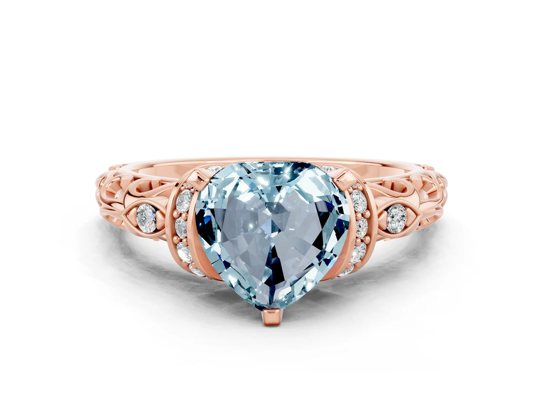 Rose gold Heart Cut Aquamarine Solitaire Ring with Filigree Band and Four-Prong Setting_24