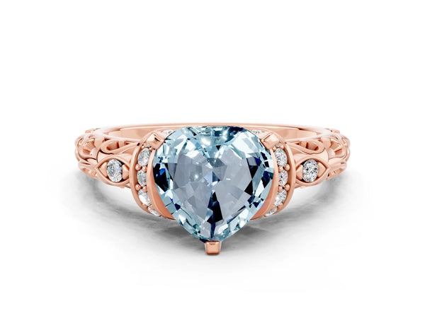 Rose gold Heart Cut Aquamarine Solitaire Ring with Filigree Band and Four-Prong Setting
