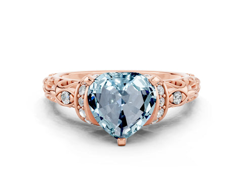 Rose gold Heart Cut Aquamarine Solitaire Ring with Filigree Band and Four-Prong Setting_24