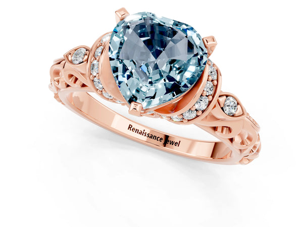 Rose gold Heart Cut Aquamarine Solitaire Ring with Filigree Band and Four-Prong Setting