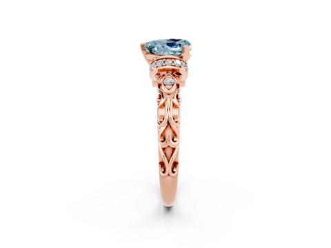 Rose gold Heart Cut Aquamarine Solitaire Ring with Filigree Band and Four-Prong Setting_26