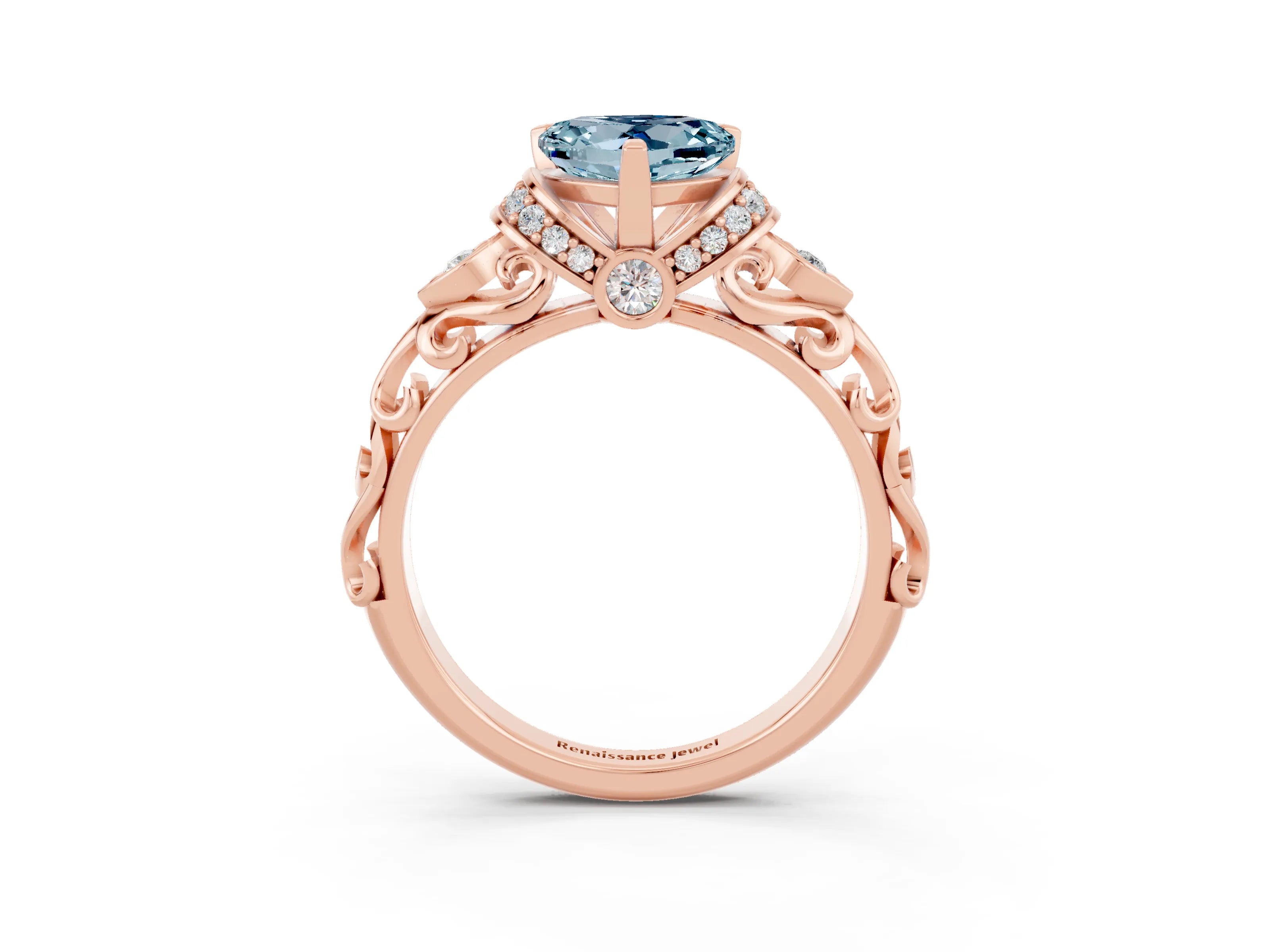 Rose gold Heart Cut Aquamarine Solitaire Ring with Filigree Band and Four-Prong Setting_27