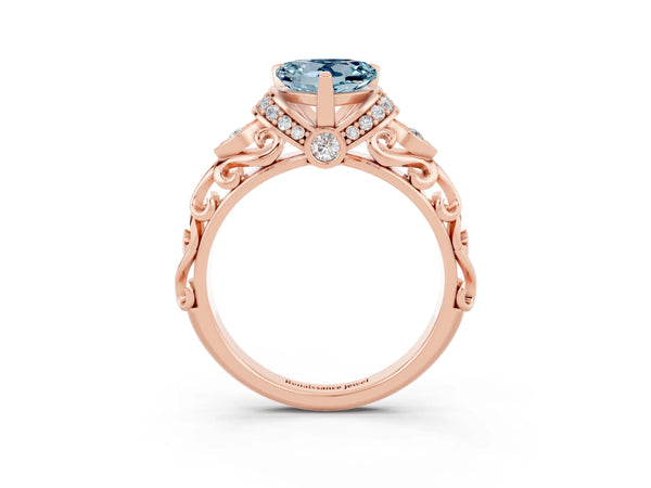 Rose gold Heart Cut Aquamarine Solitaire Ring with Filigree Band and Four-Prong Setting