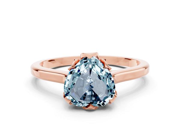 Rose gold Heart Cut Aquamarine Solitaire Ring with Flower Prong Setting and Classic Band