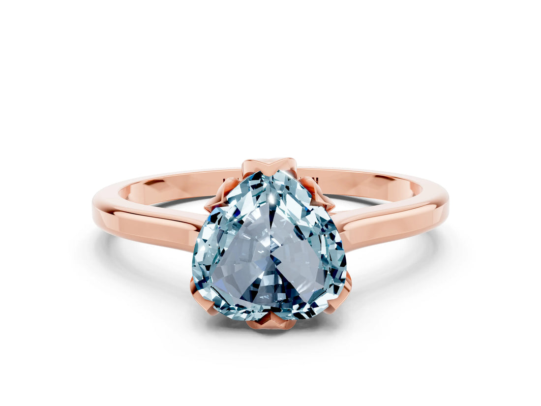 Rose gold Heart Cut Aquamarine Solitaire Ring with Flower Prong Setting and Classic Band_36