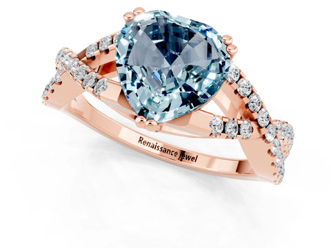 Rose gold Heart Cut Aquamarine Solitaire Ring with Four-Prong Setting and Twisted Pavé Band_1