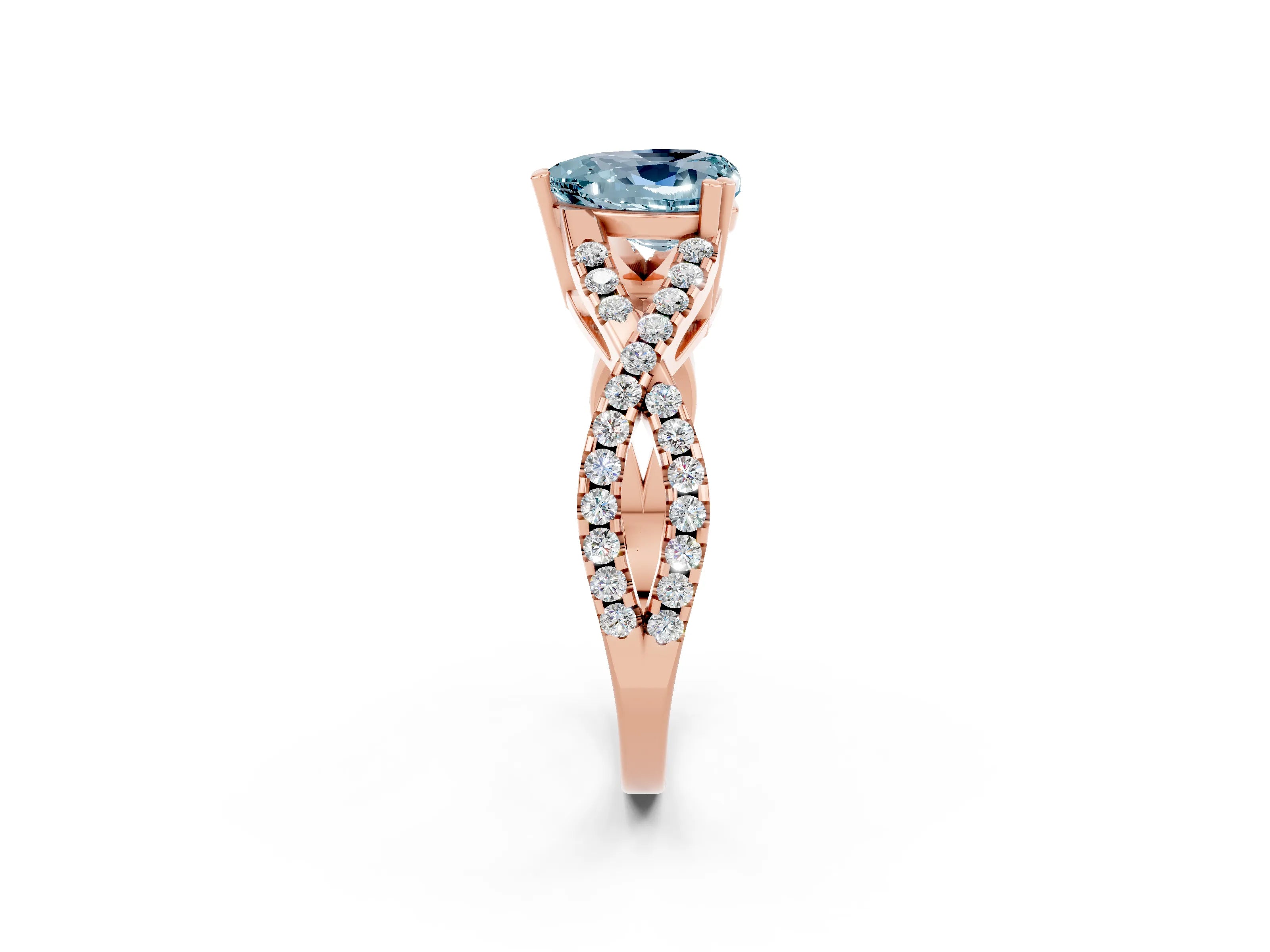 Rose gold Heart Cut Aquamarine Solitaire Ring with Four-Prong Setting and Twisted Pavé Band_2