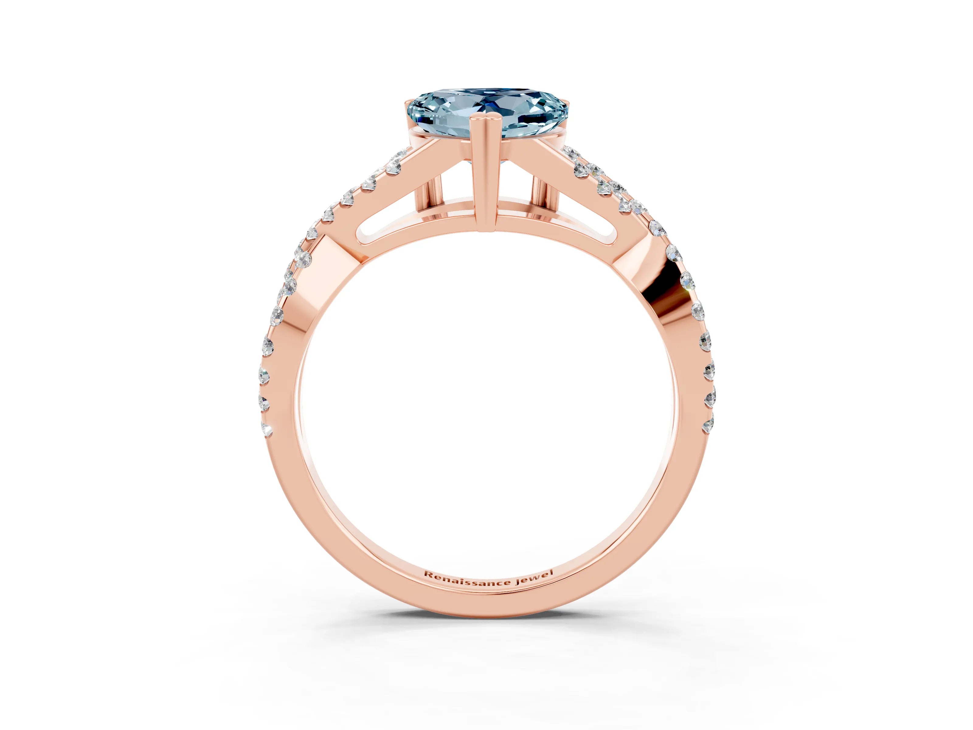 Rose gold Heart Cut Aquamarine Solitaire Ring with Four-Prong Setting and Twisted Pavé Band_3