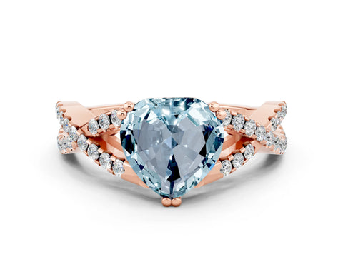 Rose gold Heart Cut Aquamarine Solitaire Ring with Four-Prong Setting and Twisted Pavé Band