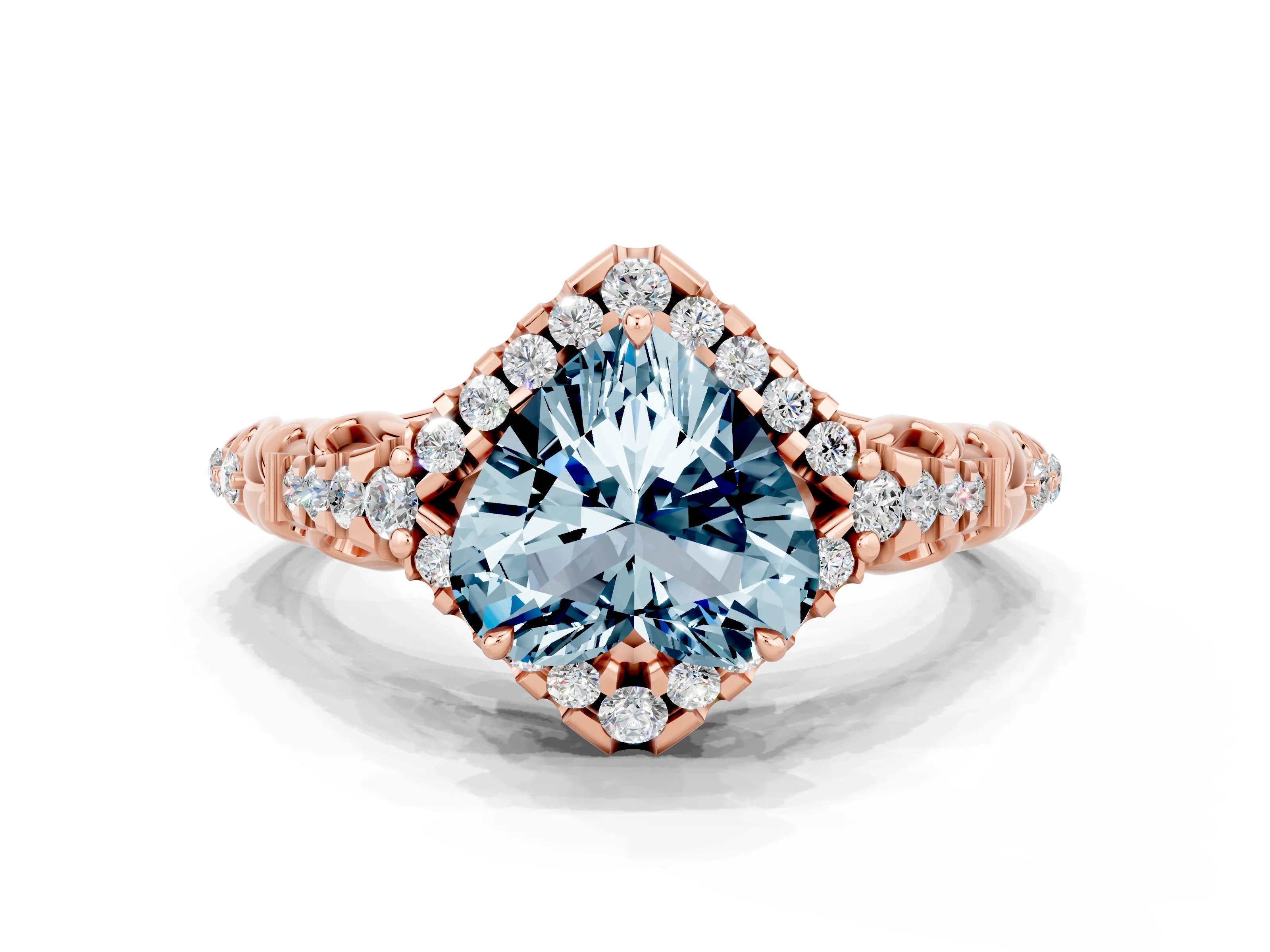 Rose gold Heart Cut Aquamarine Solitaire Ring with Hidden Halo and Pavé Band_12
