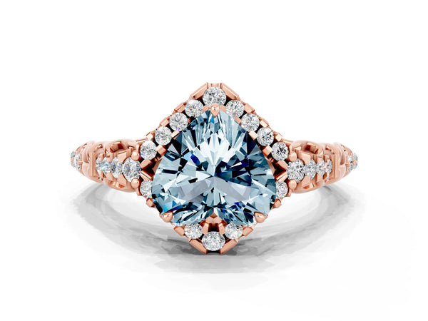 Rose gold Heart Cut Aquamarine Solitaire Ring with Hidden Halo and Pavé Band