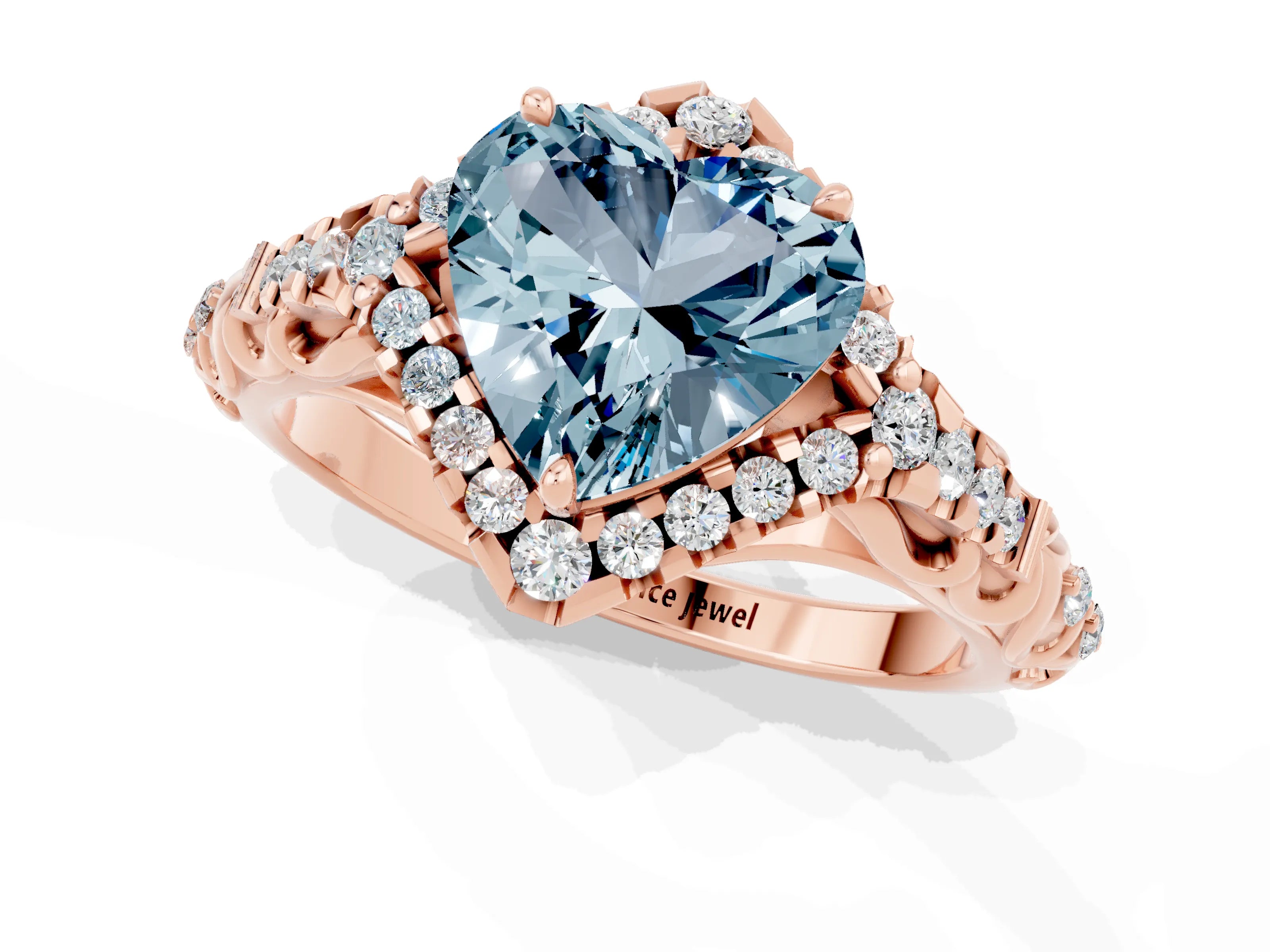 Rose gold Heart Cut Aquamarine Solitaire Ring with Hidden Halo and Pavé Band_13
