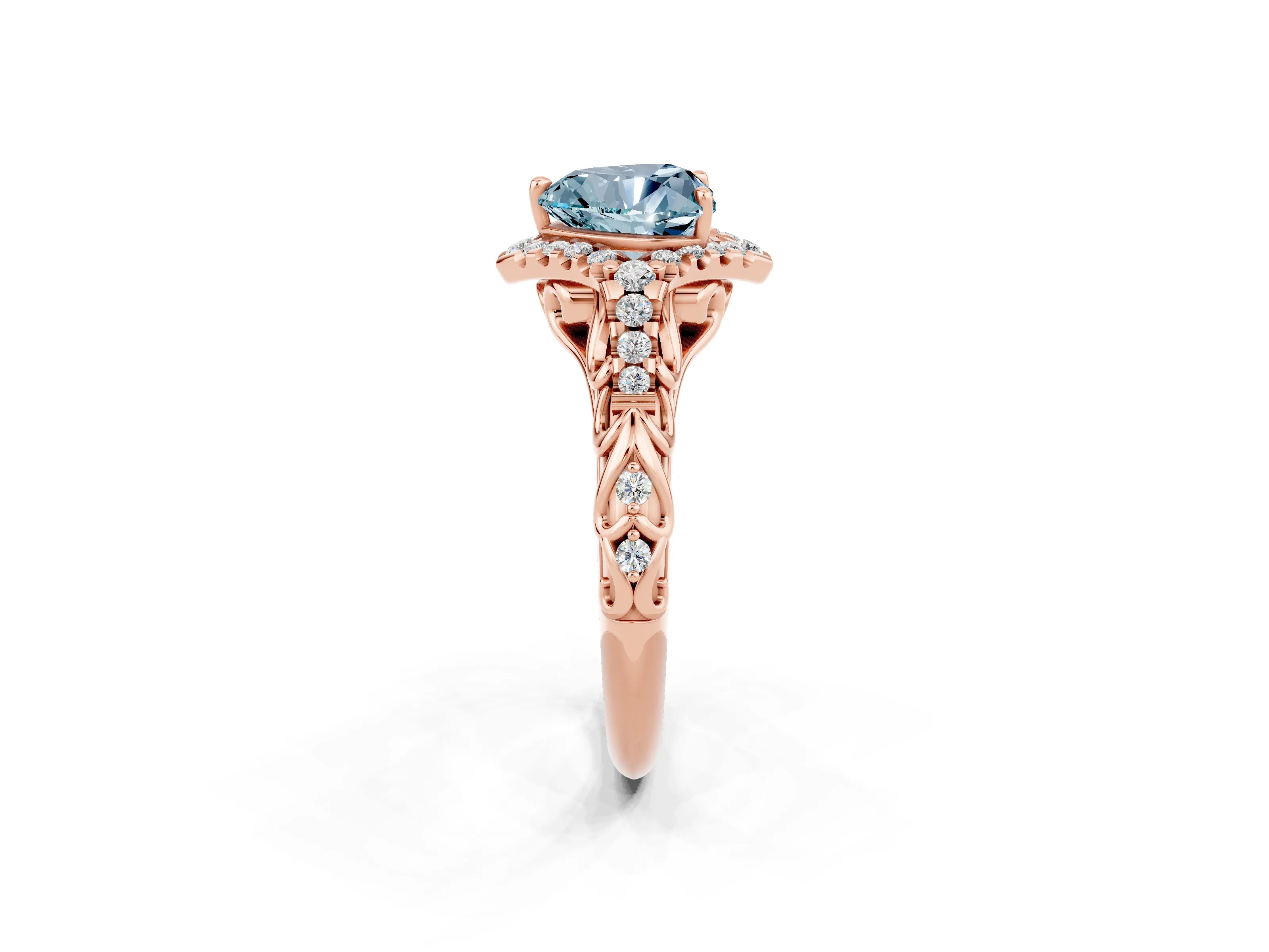 Rose gold Heart Cut Aquamarine Solitaire Ring with Hidden Halo and Pavé Band_14