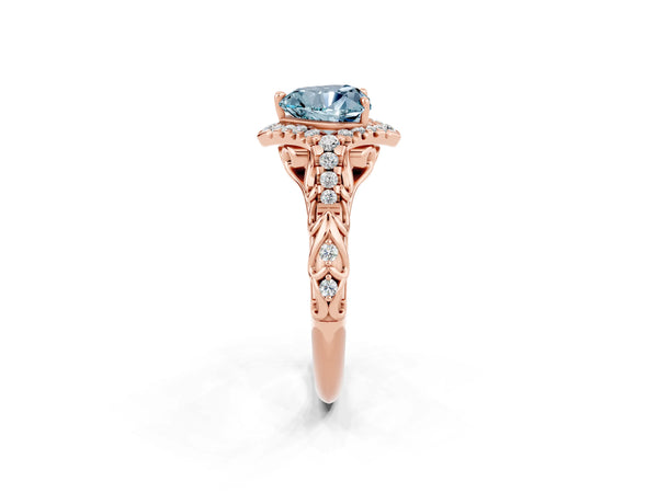 Rose gold Heart Cut Aquamarine Solitaire Ring with Hidden Halo and Pavé Band