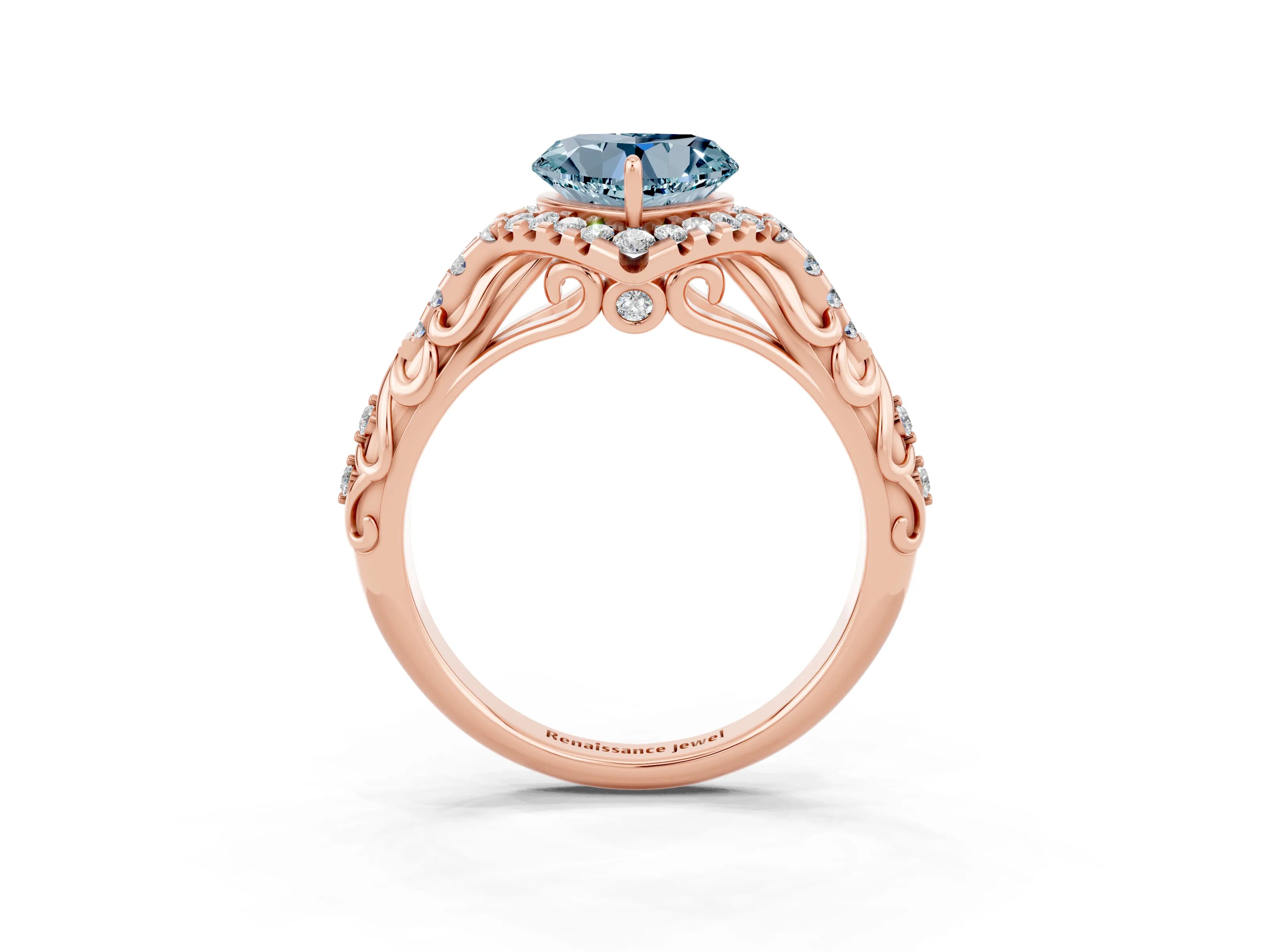 Rose gold Heart Cut Aquamarine Solitaire Ring with Hidden Halo and Pavé Band_15