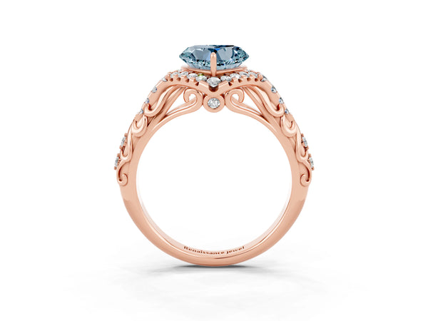 Rose gold Heart Cut Aquamarine Solitaire Ring with Hidden Halo and Pavé Band