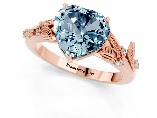 Rose gold Heart Cut Aquamarine Solitaire Ring with Leaf Motif Band and Four-Prong Setting