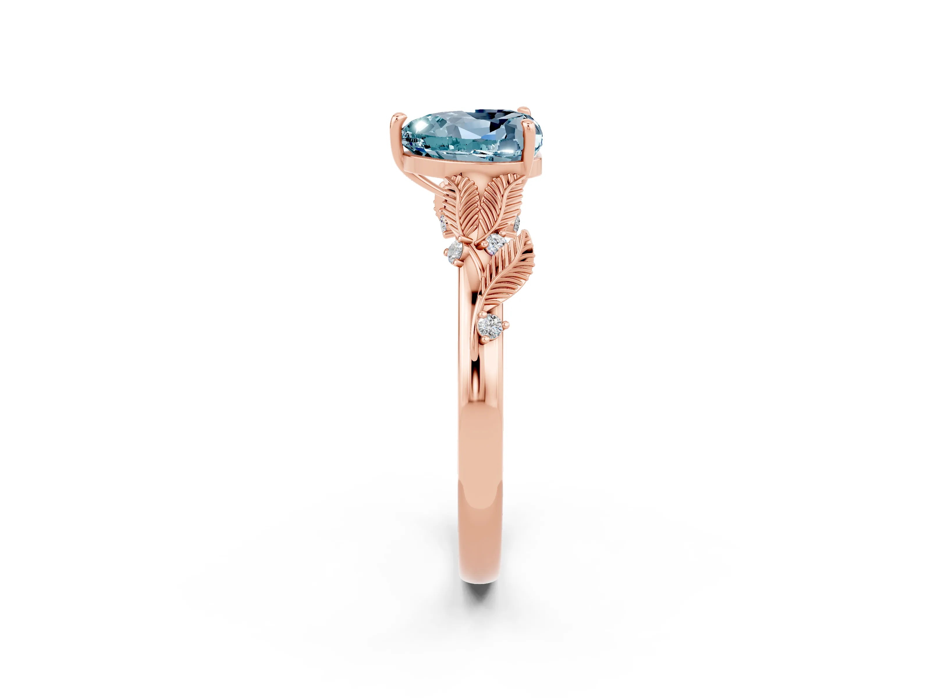 Rose gold Heart Cut Aquamarine Solitaire Ring with Leaf Motif Band and Four-Prong Setting_2