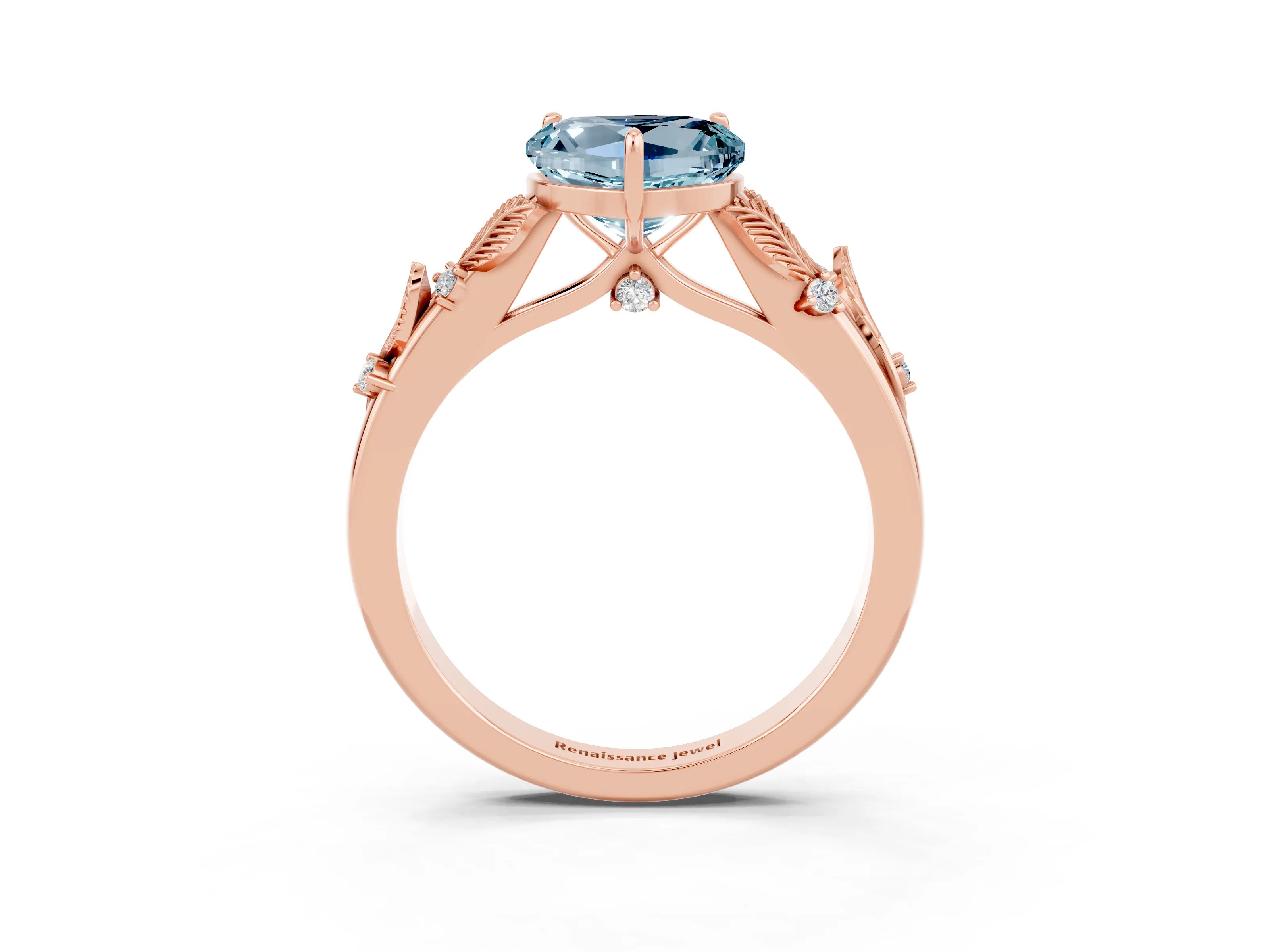 Rose gold Heart Cut Aquamarine Solitaire Ring with Leaf Motif Band and Four-Prong Setting_3
