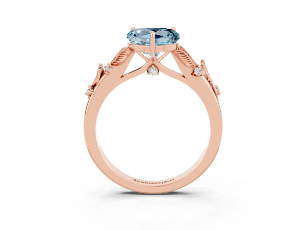 Rose gold Heart Cut Aquamarine Solitaire Ring with Leaf Motif Band and Four-Prong Setting