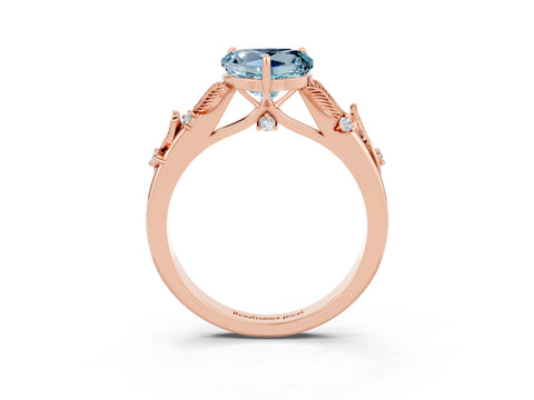 Rose gold Heart Cut Aquamarine Solitaire Ring with Leaf Motif Band and Four-Prong Setting_3