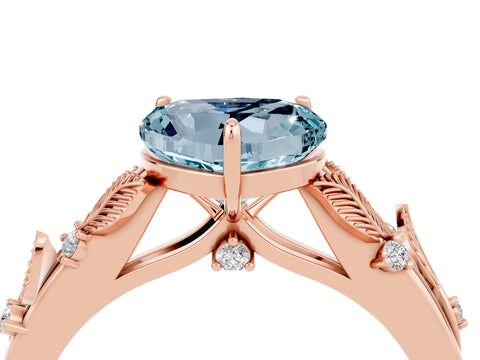 Rose gold Heart Cut Aquamarine Solitaire Ring with Leaf Motif Band and Four-Prong Setting_4