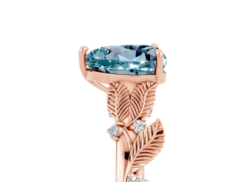 Rose gold Heart Cut Aquamarine Solitaire Ring with Leaf Motif Band and Four-Prong Setting_5