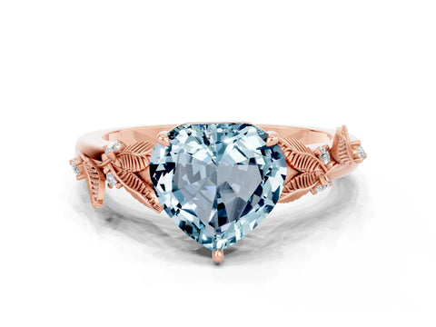 Rose gold Heart Cut Aquamarine Solitaire Ring with Leaf Motif Band and Four-Prong Setting