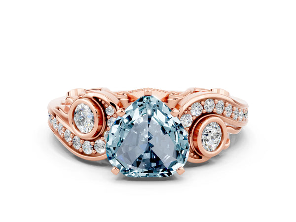 Rose gold Heart Cut Aquamarine Solitaire Ring with Milgrain Pavé Band and Four-Prong Setting