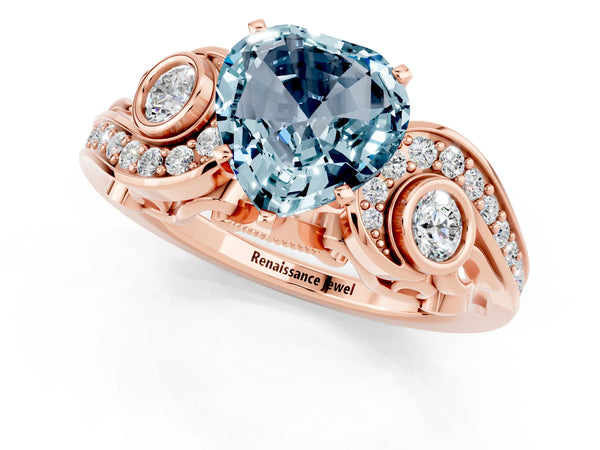 Rose gold Heart Cut Aquamarine Solitaire Ring with Milgrain Pavé Band and Four-Prong Setting