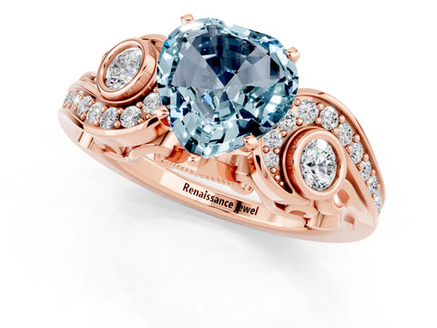 Rose gold Heart Cut Aquamarine Solitaire Ring with Milgrain Pavé Band and Four-Prong Setting_25