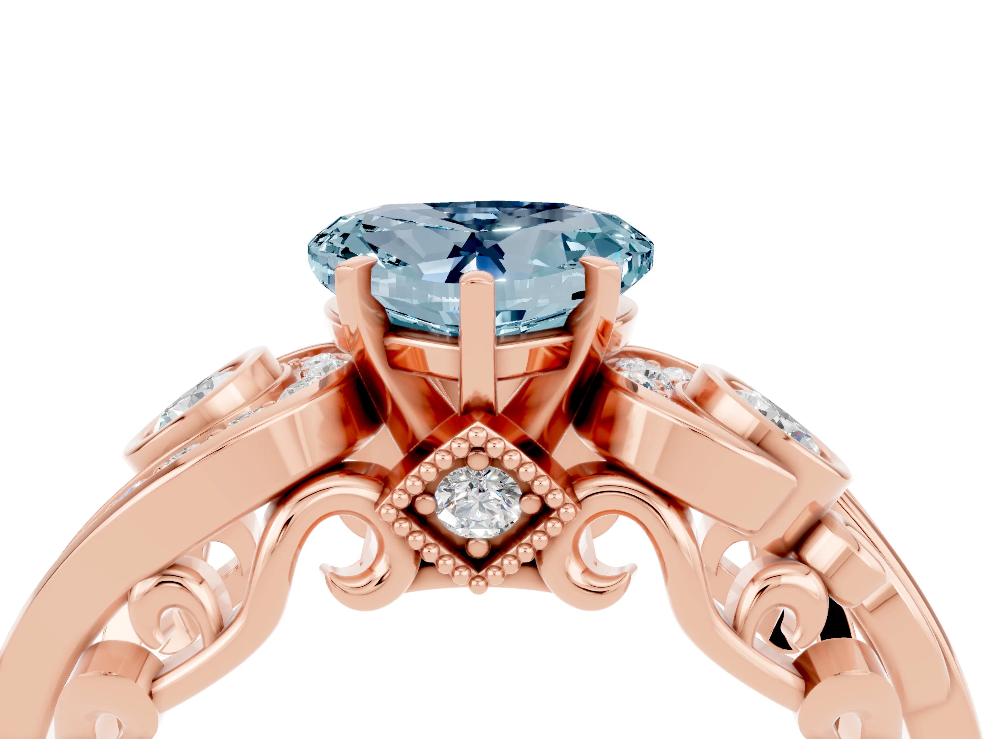 Rose gold Heart Cut Aquamarine Solitaire Ring with Milgrain Pavé Band and Four-Prong Setting_28