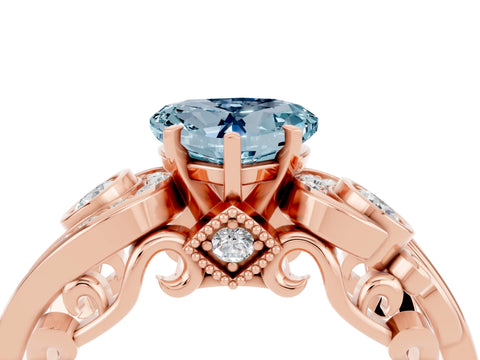 Rose gold Heart Cut Aquamarine Solitaire Ring with Milgrain Pavé Band and Four-Prong Setting_28