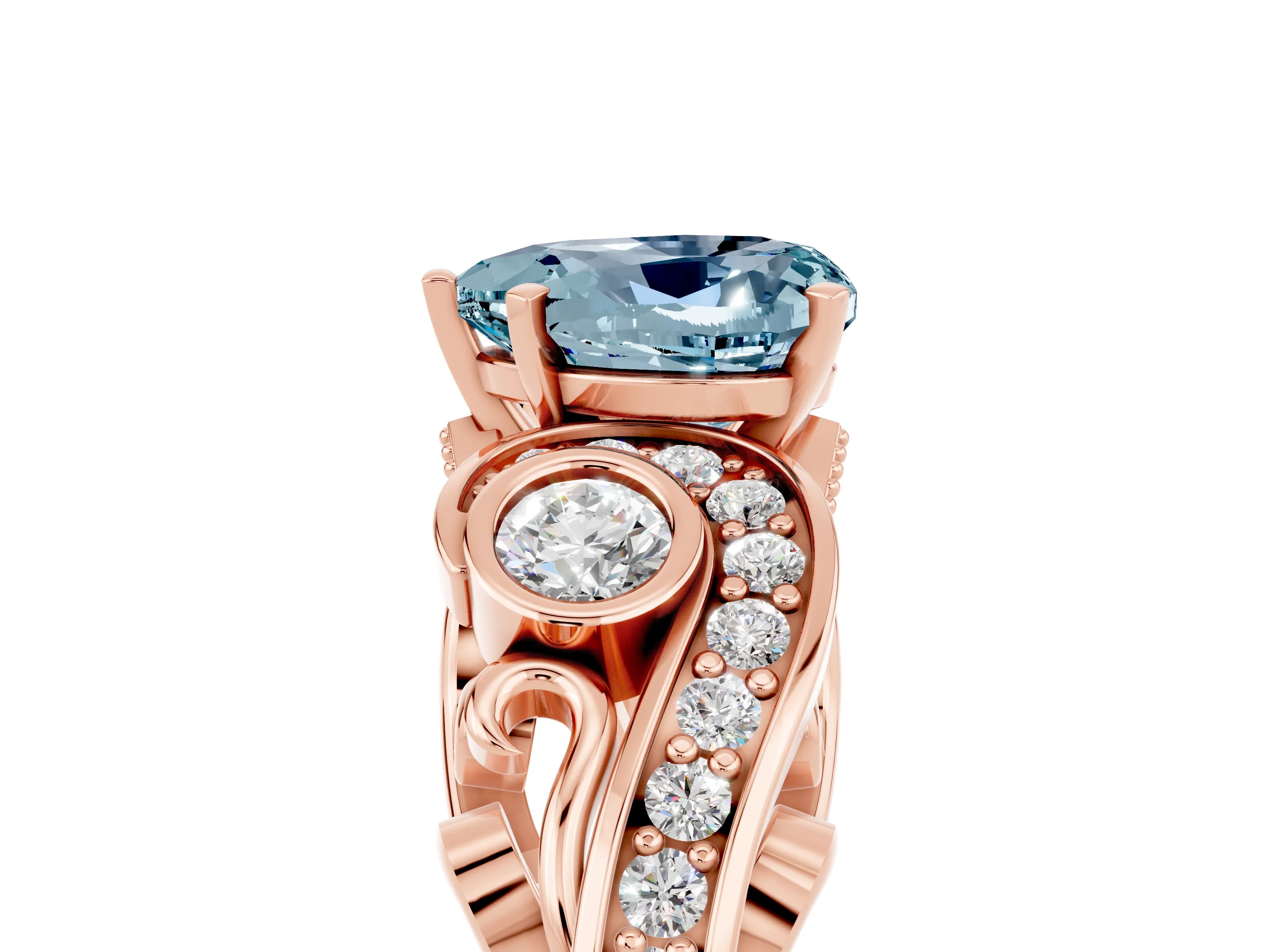 Rose gold Heart Cut Aquamarine Solitaire Ring with Milgrain Pavé Band and Four-Prong Setting_29