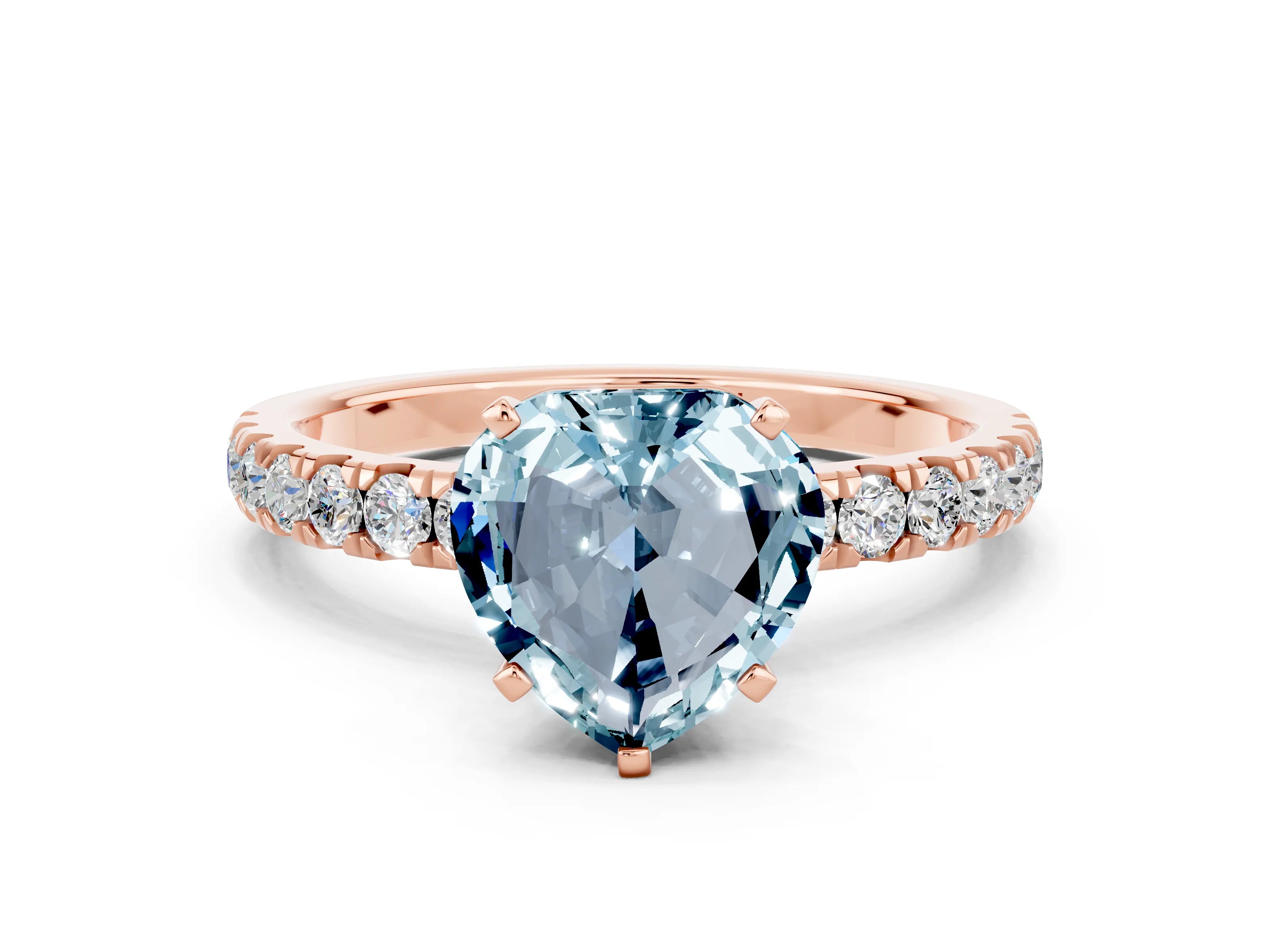 Rose gold Heart Cut Aquamarine Solitaire Ring with Pavé Accents and Four-Prong Setting