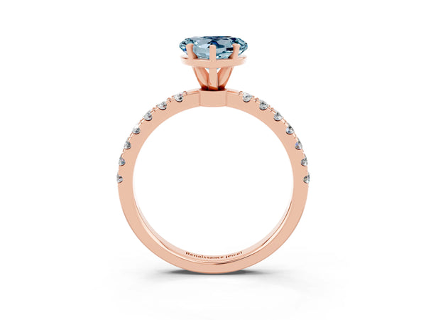 Rose gold Heart Cut Aquamarine Solitaire Ring with Pavé Accents and Four-Prong Setting