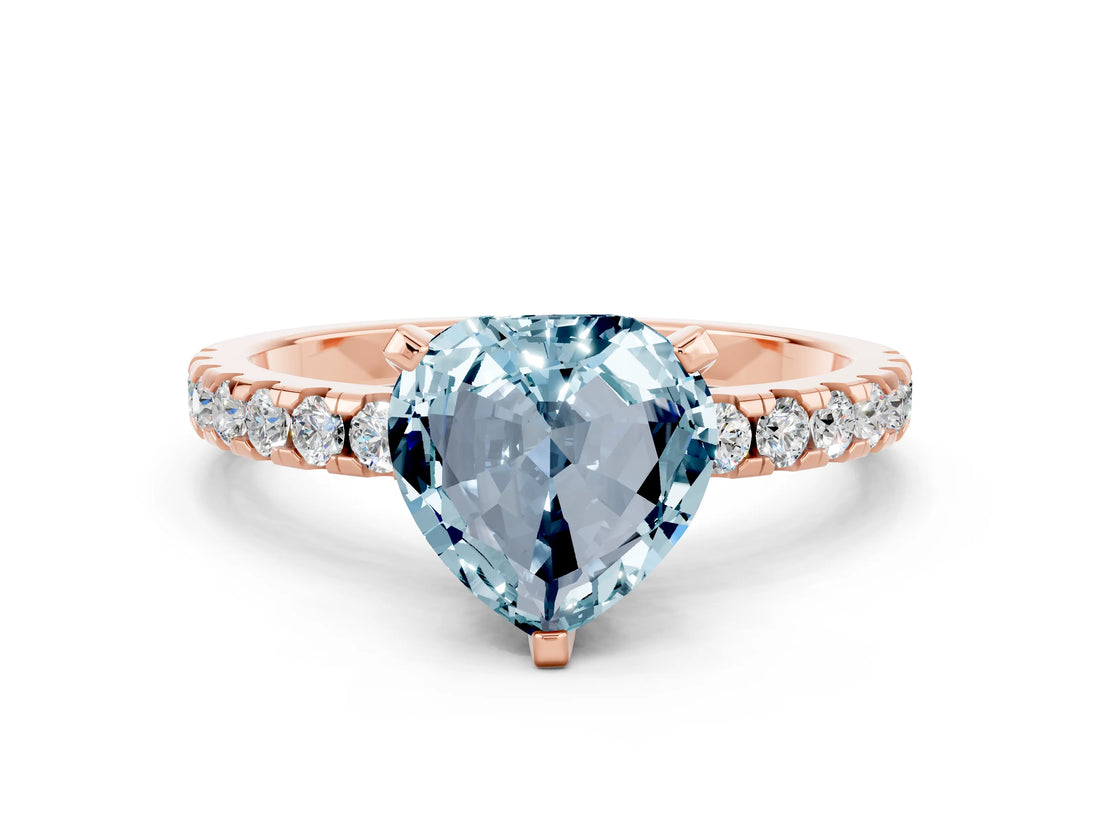 Rose gold Heart Cut Aquamarine Solitaire Ring with Pavé Band and Four-Prong Setting_24