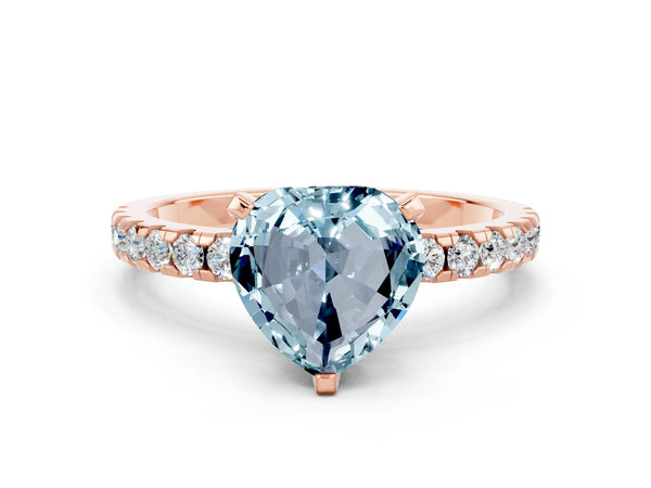 Rose gold Heart Cut Aquamarine Solitaire Ring with Round  Pavé Band and Four-Prong Setting