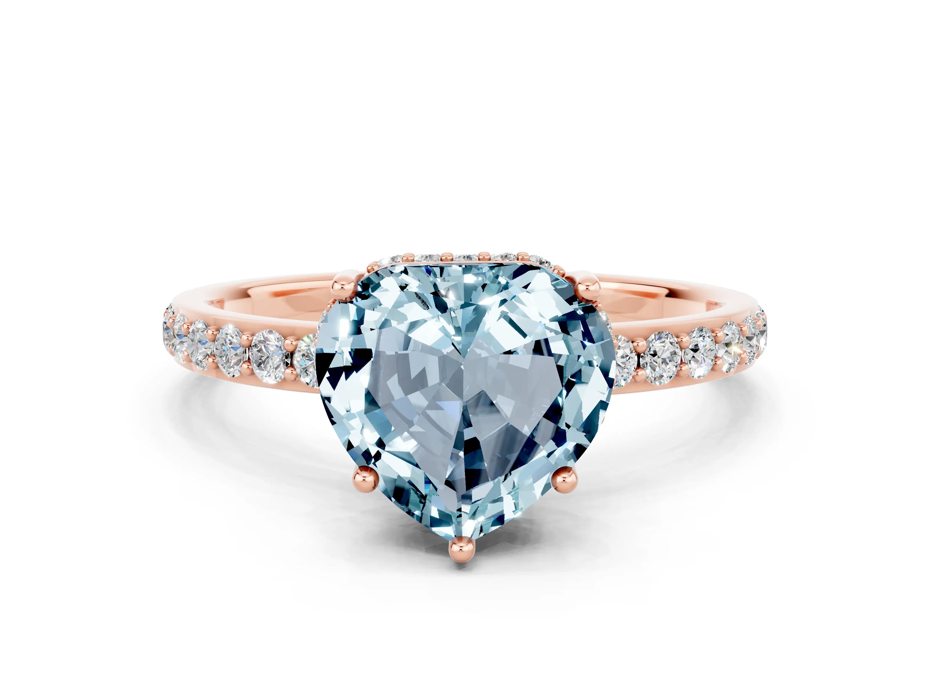 Rose gold Heart Cut Aquamarine Solitaire Ring with Pavé Band and Hidden Halo_12