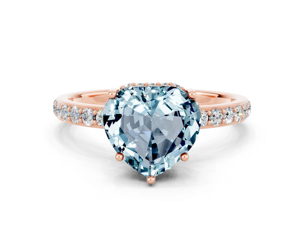 Rose gold Heart Cut Aquamarine Solitaire Ring with Pavé Band and Hidden Halo