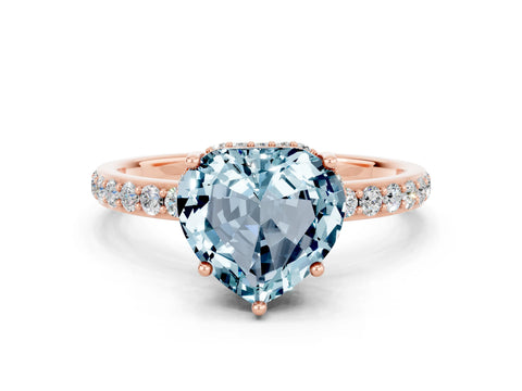 Rose gold Heart Cut Aquamarine Solitaire Ring with Pavé Band and Hidden Halo_12