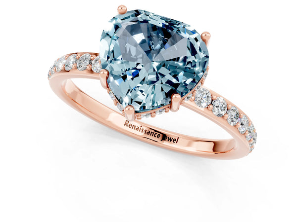 Rose gold Heart Cut Aquamarine Solitaire Ring with Pavé Band and Hidden Halo