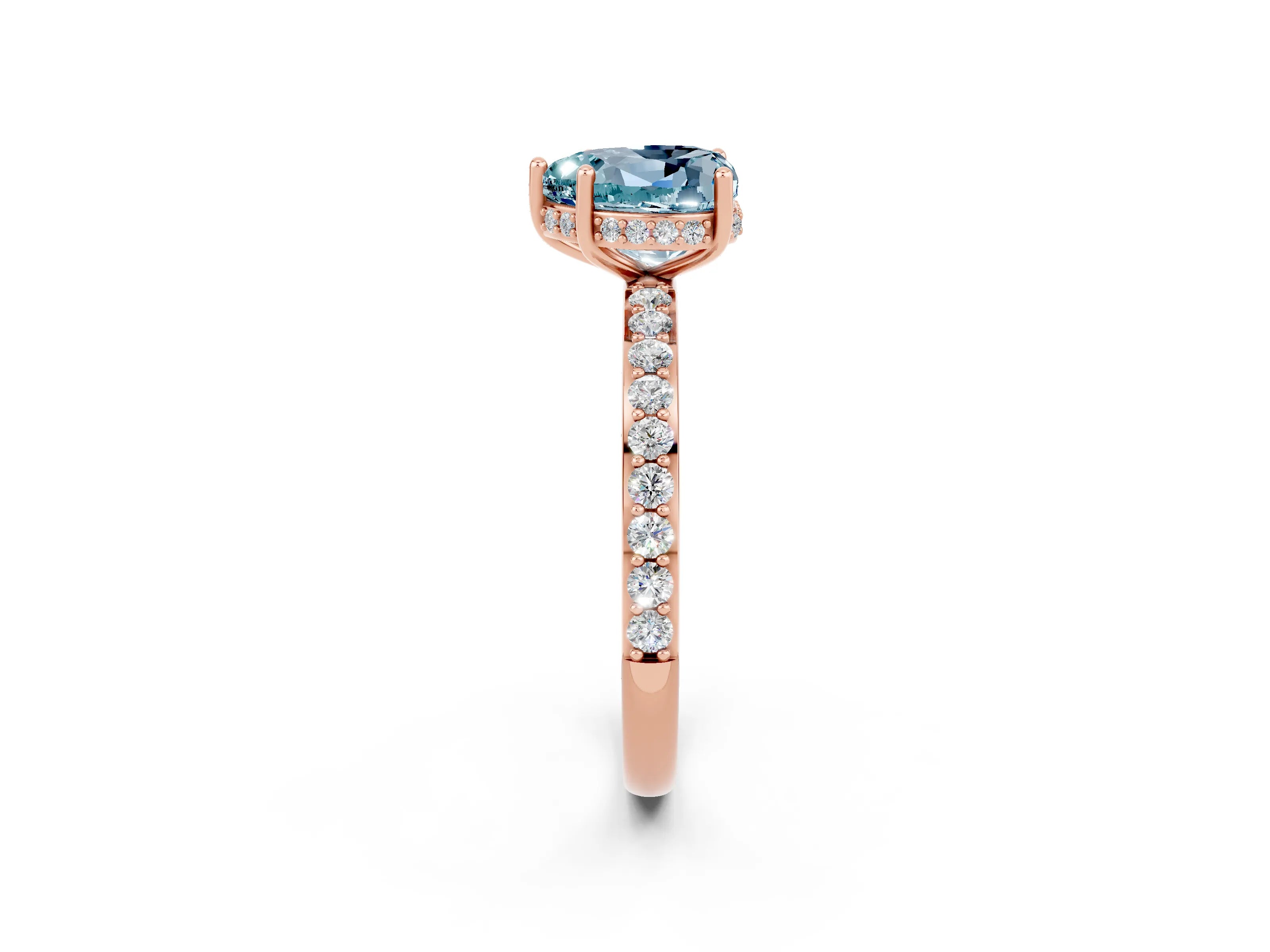 Rose gold Heart Cut Aquamarine Solitaire Ring with Pavé Band and Hidden Halo_14