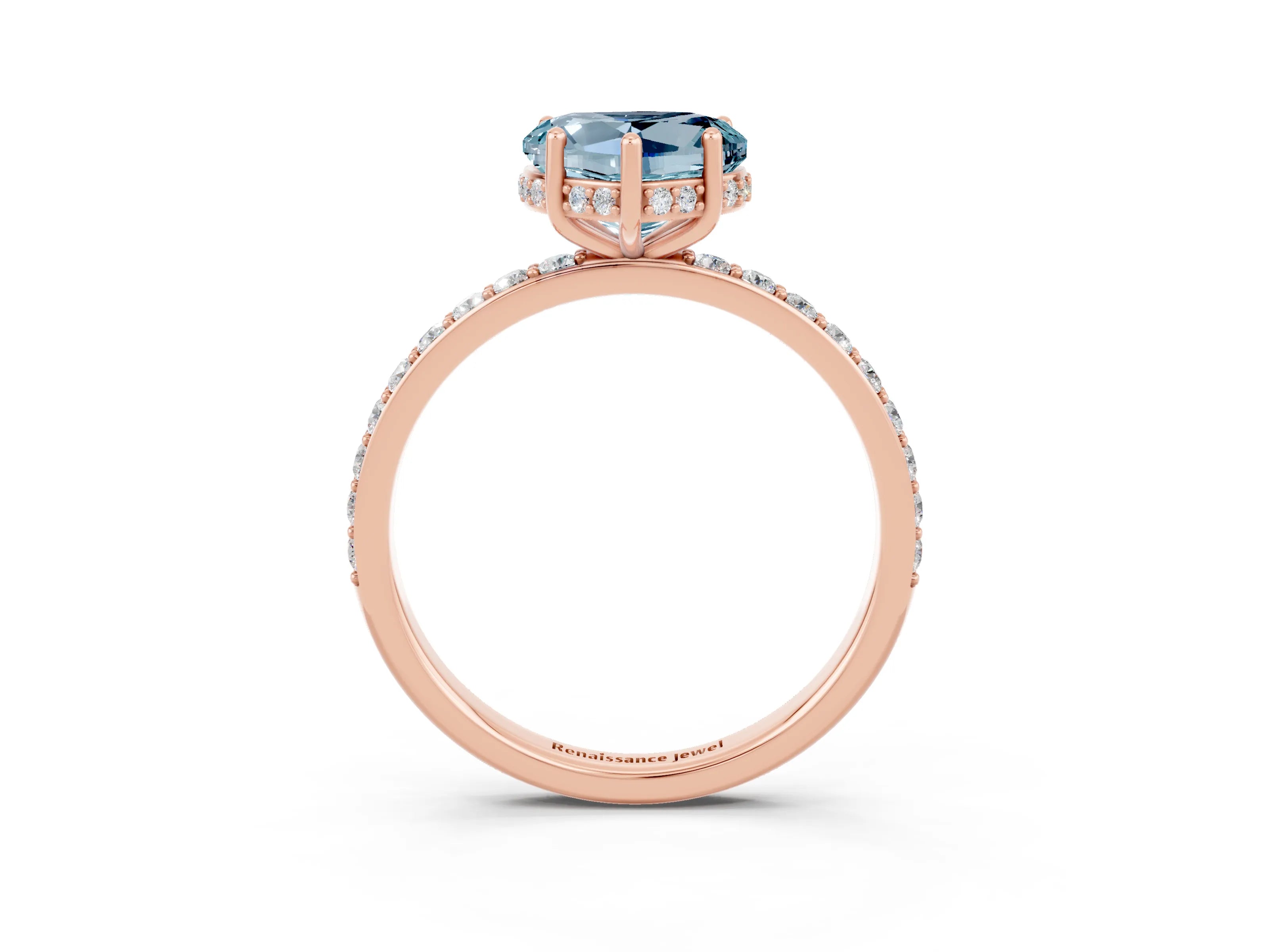 Rose gold Heart Cut Aquamarine Solitaire Ring with Pavé Band and Hidden Halo_15